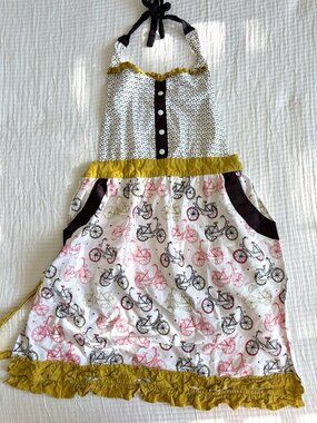 Envogue Bicycle Print Apron Cotton Halter Ruffle Kitchen Cooking Cottage White